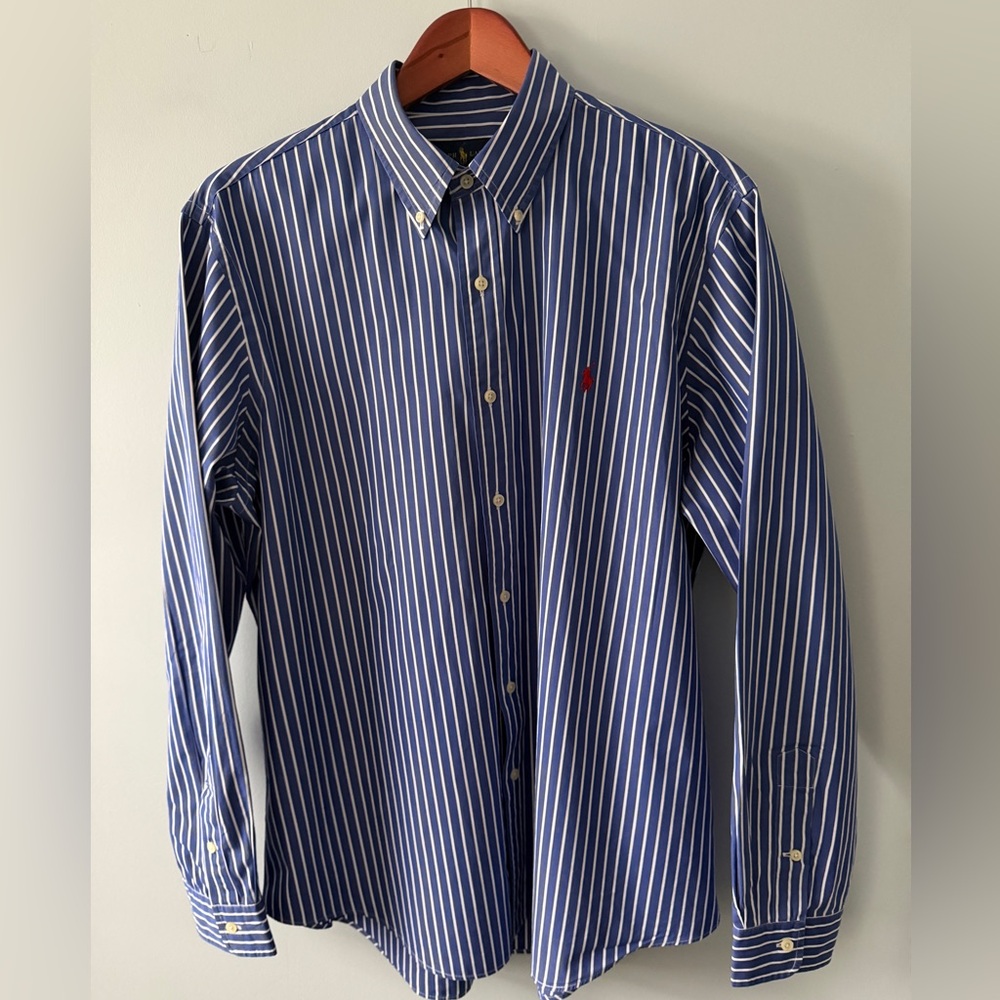 Polo Ralph Lauren Blue White Stripe Button Down Shirt XL Classic Fit Red Pony - Picture 2 of 16